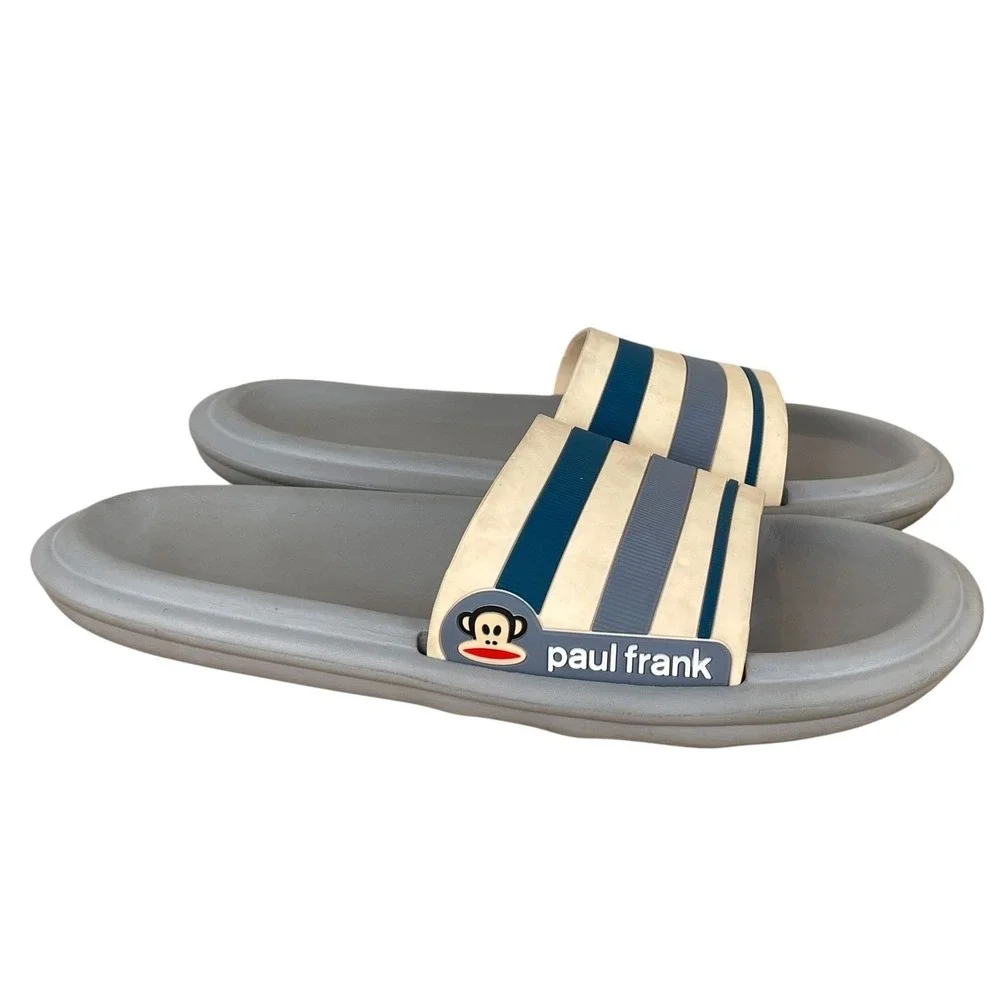 Paul Frank Julius Monkey Striped Slide‎ Sandals Mens 10-11 Gray Blue Retro Pool